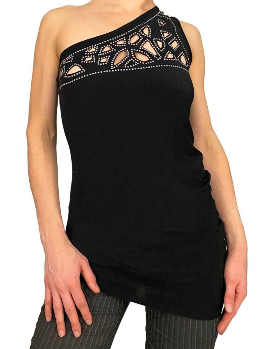 2000s y2k venus black one shoulder embellished slinky top